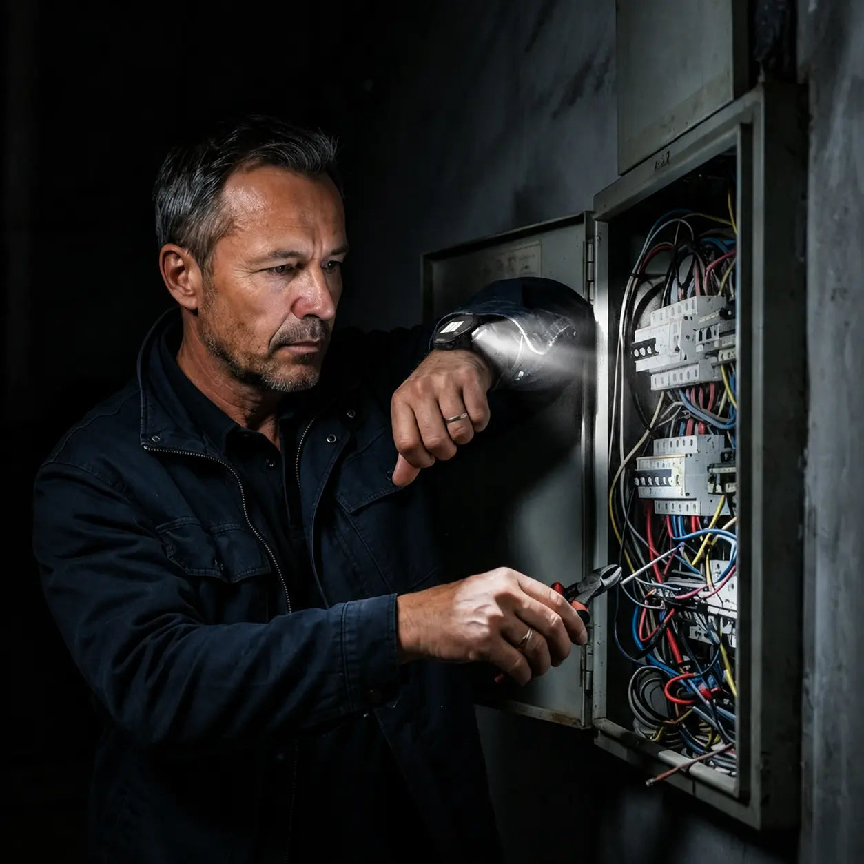 Man using a KOSPET lightweight smartwatch with a built-in LED flashlight while working in a dark electrical cabinet